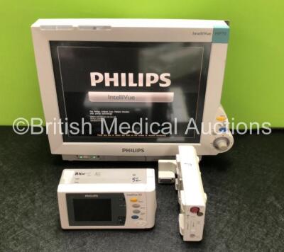 Job Lot Including 1 x Philips IntelliVue MP70 Touch Screen Patient Monitor (Powers Up with Damage to Casing - See Photos) 1 x Philips IntelliVue X2 Patient Monitor with Press, Temp, NBP, SPO2 and ECG Resp Options (Powers Up) and 1 x Philips M3015A Opt: C0