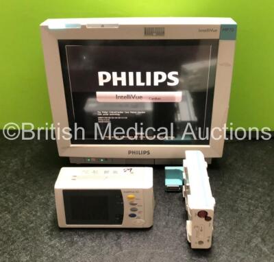 Job Lot Including 1 x Philips IntelliVue MP70 Touch Screen Patient Monitor (Powers Up with Damage to Casing - See Photos) 1 x Philips IntelliVue X2 Patient Monitor with Press, Temp, NBP, SPO2 and ECG Resp Options (Powers Up) and 1 x Philips M3015A Opt: C0