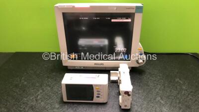 Job Lot Including 1 x Philips IntelliVue MP70 Touch Screen Patient Monitor (Powers Up with Damage to Casing - See Photos) 1 x Philips IntelliVue X2 Patient Monitor with Press, Temp, NBP, SPO2 and ECG Resp Options (Powers Up) and 1 x Philips M3015A Opt: C0