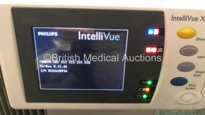 Job Lot Including 1 x Philips IntelliVue MP70 Touch Screen Patient Monitor (Powers Up with Damage to Casing - See Photos) 1 x Philips IntelliVue X2 Patient Monitor with Press, Temp, NBP, SPO2 and ECG Resp Options (Powers Up) and 1 x Philips M3015A Opt: C0 - 7