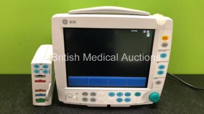 GE B30 Patient Monitor with 1 x GE E-PSMP-00 Module Including ECG, SpO2, NIBP, T1, T2, P1 and P2 Options and 1 x GE SM201 Battery (Powers Up with Damage to Casing - See Photos) *SN SF312526771WA / 6608830*