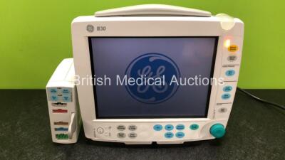 GE B30 Patient Monitor with 1 x GE E-PSMPW Module Including ECG, SpO2, NIBP, T1, T2, P1 and P2 Options and 1 x GE SM201 Battery (Powers Up with Damage to Casing - See Photos) *SN SF312526766WA / 1716586*