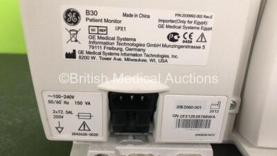 GE B30 Patient Monitor with 1 x GE E-PSMPW Module Including ECG, SpO2, NIBP, T1, T2, P1 and P2 Options and 1 x GE SM201 Battery (Powers Up with Damage to Casing - See Photos) *SN SF312526766WA / 1716586* - 6