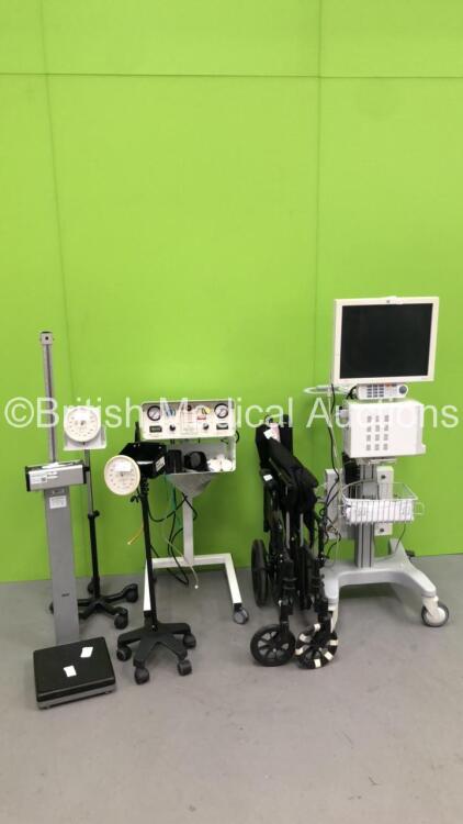 Mixed Lot Including 1 x GE CDA19T Monitor on Stand with Tram-RAC Module Rack, 1 x Seca Stand on Scales, 2x Blood Pressure Meter on Stand, Oak Medical Tourniquet and Manual Wheelchair