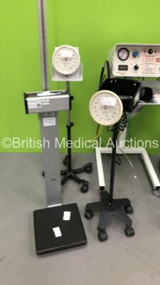 Mixed Lot Including 1 x GE CDA19T Monitor on Stand with Tram-RAC Module Rack, 1 x Seca Stand on Scales, 2x Blood Pressure Meter on Stand, Oak Medical Tourniquet and Manual Wheelchair - 2