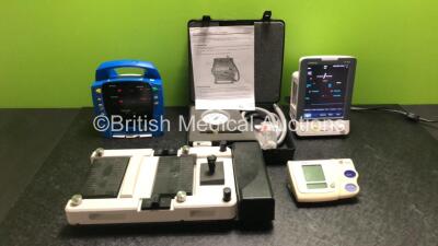 Mixed Lot Including 1 x Mindray VS-900 Monitor, 1 x GE ProCare Auscultatory (Both Power Up with Some Missing / Damaged Casing) 1 x Microscope Footswitch, 1 x Mangar Air Pressure Test Kit and 1 x Omron BP Monitor