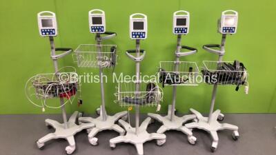 5 x CSI Criticare 506DN Patient Monitors on Stands with Selection of Cables (4 x Power Up,1 x No Power)