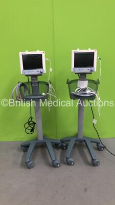 2 x Datascope Trio Patient Monitors on Stands with SPO2 Finger Sensors (Both Power Up)