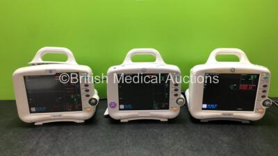 3 x GE Dash 3000 Patient Monitors Including ECG, CO2, NBP, Temp/CO, SpO2, BP1 and BP2 Options (ALl Power Up with Damage, 2 with Missing Battery Covers-See Photos)