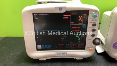 3 x GE Dash 3000 Patient Monitors Including ECG, CO2, NBP, Temp/CO, SpO2, BP1 and BP2 Options (ALl Power Up with Damage, 2 with Missing Battery Covers-See Photos) - 2