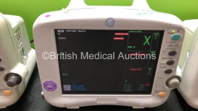 3 x GE Dash 3000 Patient Monitors Including ECG, CO2, NBP, Temp/CO, SpO2, BP1 and BP2 Options (ALl Power Up with Damage, 2 with Missing Battery Covers-See Photos) - 3