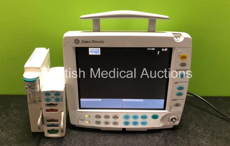 GE Datex Ohmeda F-FMW-01 Patient Monitor *Mfd 2011* (Powers Up with Damage to Casing, Missing Dial and Light Cover - See Photos) with 1 x GE Type E-PSMP-00 Module *Mfd 2010* Including ECG, SpO2, T1/T2, P1/P2 and NIBP Options and 1 x GE N-FC-00 Gas Module