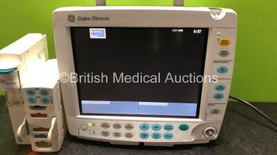 GE Datex Ohmeda F-FMW-01 Patient Monitor *Mfd 2011* (Powers Up with Damage to Casing, Missing Dial and Light Cover - See Photos) with 1 x GE Type E-PSMP-00 Module *Mfd 2010* Including ECG, SpO2, T1/T2, P1/P2 and NIBP Options and 1 x GE N-FC-00 Gas Module - 2