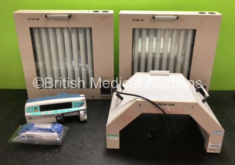 Mixed Lot Including 2 x Waldmann PUVA 180 UV Lights (Both Power Up, Do Not Illuminate) 1 x PUVA 200 UV Light (Untested Due to Foreign Plug) 1 x CareFusion Alaris PK Syringe Pump (Powers Up with IM3 Code) and 1 x Covidien Genius 3 Tympanic Thermometer with