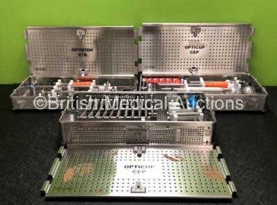 Job Lot Including 2 x Orthimo Optistem XTR Femoral Surgical Sets in Trays and 1 x Orthimo Optistem CEP Surgical Set in Tray