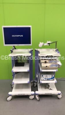 2 x Olympus Stack Trolleys with 1 x Olympus OEV261H Monitor, 1 x Olympus EVIS Lucera CV-260 Digital Processor Unit, 1 x Olympus CLV-260 Light Source Unit, 1 x ConMed GS1002 40L Insufflator Unit, Olympus MAJ-1154 Pigtail Connector and 1 x Olympus ECS-260 