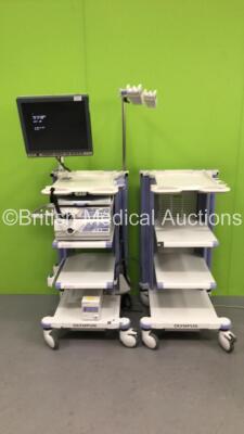 2 x Olympus Stack Trolleys (1 x No Power Port) with 1 x Olympus OEV191H Monitor, Olympus EVIS Lucera CV-260SL Digital Processor Unit, 1 x Olympus CLV-260SL Light Source Unit, 1 x Olympus UCR Gas Unit and 1 x Olympus MAJ-1154 Pigtail Connector (All Power U