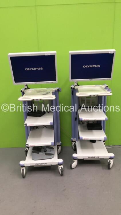 2 x Olympus Stack Trolleys with OEV261H Monitors and 1 x Bausch & Lomb Footswitch with 1 x AC Power Supply (Both Power Up) *SN 7115582, 7126723*