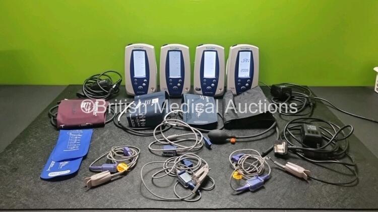 4 x Welch Allyn Spot Vital Signs Patient Monitors with 3 x Spo2 Finger Sensors, 5 x Adult BP Cuff with 4 x Hoses and 3 x Power Supplies (All Power Up,1 x Damage to Screen See-Photo)