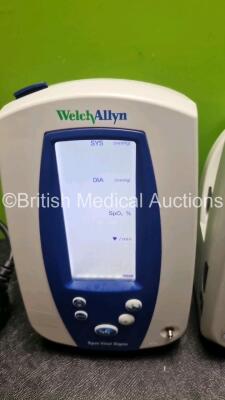 4 x Welch Allyn Spot Vital Signs Patient Monitors with 3 x Spo2 Finger Sensors, 5 x Adult BP Cuff with 4 x Hoses and 3 x Power Supplies (All Power Up,1 x Damage to Screen See-Photo) - 2