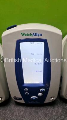 4 x Welch Allyn Spot Vital Signs Patient Monitors with 3 x Spo2 Finger Sensors, 5 x Adult BP Cuff with 4 x Hoses and 3 x Power Supplies (All Power Up,1 x Damage to Screen See-Photo) - 4