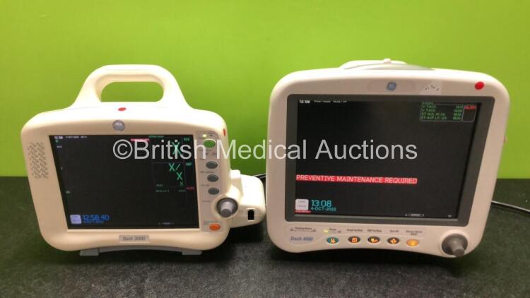 Job Lot Including 1 x GE Dash 3000 Patient Monitor Including ECG, NBP, CO2, Temp/CO, SpO2, BP1 and BP2 Options (Powers Up) and 1 x GE Dash 4000 Patient Monitor Including ECG, NBP, CO2, Temp/CO, SpO2, BP 1/3 and BP 2/4 Options (Powers Up) *SN SD008263170GA