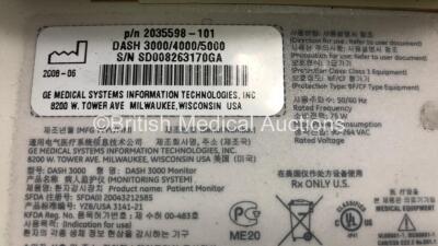 Job Lot Including 1 x GE Dash 3000 Patient Monitor Including ECG, NBP, CO2, Temp/CO, SpO2, BP1 and BP2 Options (Powers Up) and 1 x GE Dash 4000 Patient Monitor Including ECG, NBP, CO2, Temp/CO, SpO2, BP 1/3 and BP 2/4 Options (Powers Up) *SN SD008263170GA - 8