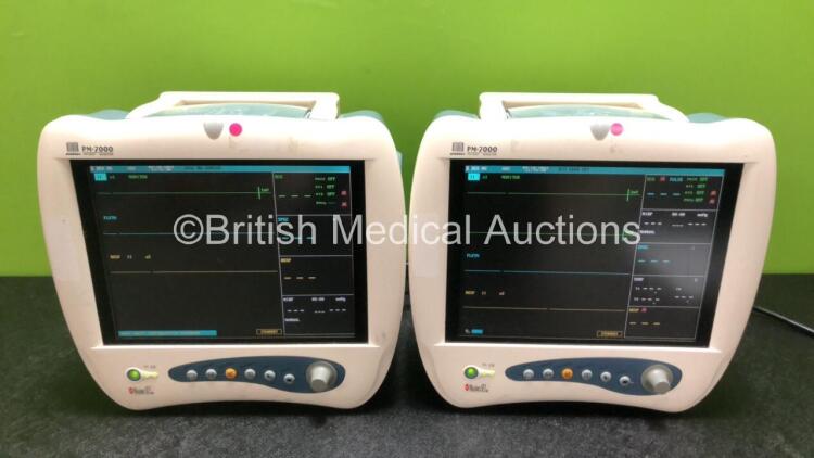 2 x Mindray PM-7000 Patient Monitor with ECG, T1, T2, SPO2, NIBP and Printer Options (Both Power Up, 1 x Slight Damage to Screen and 1 x Slight Damage to Casing - See Photos) *SN CE95113819 / CE95113818*