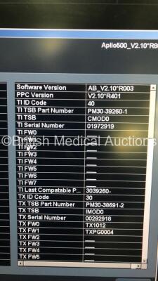 Toshiba Aplio 500 Flat Screen Ultrasound Scanner *Mfd 10-2012* Software Version AB_V2.10*R003 with 3 x Transducers-1 x Toshiba Model PLT-674BT Convex Array Transducer *Mfd 10-2012* 1 x Toshiba PVT-661VT Endocavitary Transducer *Mfd 09-2012* 1 x 6C1 Model - 11