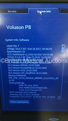 GE Voluson P8 Flatscreen Ultrasound Scanner *Mfd 01-2015 * Software Version 14.0.0 with 2 x Transducers / Probes- 1 x GE REF 5125386 Transducer / Probe *Mfd 12-2020* 1 x GE E8C-RS REF 5318734 Transducer / Probe *Mfd 06-2020* and Sony UP-D898MD Digital G - 11