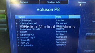 GE Voluson P8 Flatscreen Ultrasound Scanner *Mfd 01-2015 * Software Version 14.0.0 with 2 x Transducers / Probes- 1 x GE REF 5125386 Transducer / Probe *Mfd 12-2020* 1 x GE E8C-RS REF 5318734 Transducer / Probe *Mfd 06-2020* and Sony UP-D898MD Digital G - 13