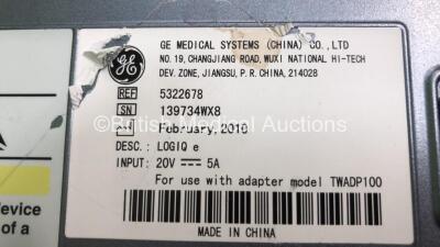 GE Logiq e Portable Ultrasound Scanner *Mfd 02-2010* Software Version with 1 x GE PL-RS REF 5212630 Ultrasound Transducer / Probe *Mfd 06-2012* 1 x AC Power Supply and 1 x Sony UP-D897 Printer (Powers Up with Error-Switches Off) *SN 139734WX8* - 6