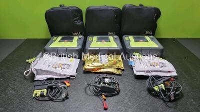 3 x Zoll AED PRO Defibrillators with 3 x Batteries, 3 x 3 Lead ECG Leads, 8 x Electrode Packs *1 x in Date 7 x Out of Date* (All Power Up) in Carry Cases *SN AA13C027879 / AA06H003274 / AA13C027852*