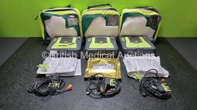 3 x Zoll AED PRO Defibrillators with 3 x Batteries, 3 x 3 Lead ECG Leads, 6 x Electrode Packs *1 x in Date 5 X Out of Date* (All Power Up) in Carry Cases *SN AA10C016856 / AA10C0116827 / AA061003744*