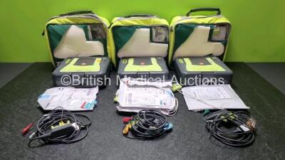 3 x Zoll AED PRO Defibrillators with 3 x Batteries, 3 x 3 Lead ECG Leads, 6 x Electrode Packs *2 x in Date 4 x Out of Date* (All Power Up) in Carry Cases *SN AA010C016647 / AA07E005977 / AA10C016682*