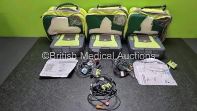 3 x Zoll AED PRO Defibrillators with 3 x Batteries, 3 x 3 Lead ECG Leads, 2 x Electrode Packs *Both Out of Date* (All Power Up) in Carry Cases *SN AA06C002140 / AA10C016854 / AA09L015568*