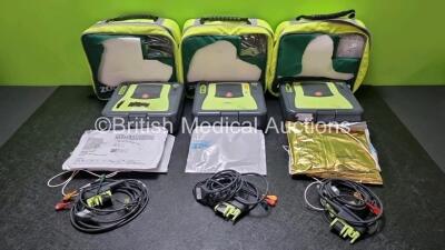 3 x Zoll AED PRO Defibrillators with 3 x Batteries, 3 x 3 Lead ECG Leads, 6 x Electrode Packs *1 x in Date 5 x Out of Date* (All Power Up) in Carry Cases *SN ASA10C016751 / AA13C027875 / AA08C009967*