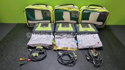 3 x Zoll AED PRO Defibrillators with 2 x Batteries, 3 x 3 Lead ECG Leads, 7 x Electrode Packs *4 x in Date 3 x Out of Date* (All Power Up) in Carry Cases *SN AA07A004920 / AA10B016509 / AA10J19065*