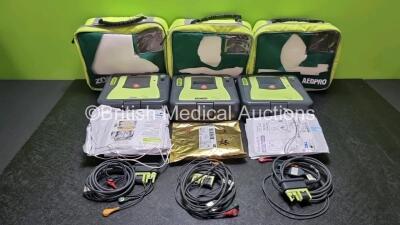 3 x Zoll AED PRO Defibrillators with 2 x Batteries, 3 x 3 Lead ECG Leads, 6 x Electrode Packs *1 x in Date 5 x Out of Date* (All Power Up) in Carry Cases *SN AA06I003589 / AA13C027858 / AA08D010129*