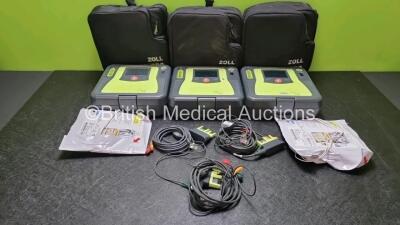 3 x Zoll AED PRO Defibrillators with 2 x Batteries, 3 x 3 Lead ECG Leads, 2 x Electrode Packs *Both Out of Date* (All Power Up) in Carry Cases *SN aa07c005361 / aa09c013197 / aa13b027597*