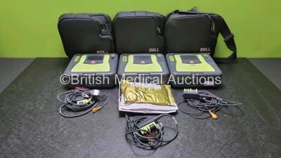 3 x Zoll AED PRO Defibrillators with 1 x Batteries, 3 x 3 Lead ECG Leads, 3 x Electrode Packs *1 x in Date 2 x Out of Date* (All Power Up) in Carry Cases *SN AA13B027594 / AA07E005971 / AA13C027934*