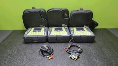 3 x Zoll AED PRO Defibrillators with 3 x Batteries, 2 x 3 Lead ECG Leads (All Power Up) in Carry Cases *SN AA07E005788 / AA10A16230 / AA06D002432*