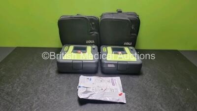 2 x Zoll AED PRO Defibrillators with 1 x Electrode Pack *Out of Date* (Both Power Up with Stock Battery, Stock Battery Not Included) in Carry Cases *SN AAA07D005574 / AA10C016806*