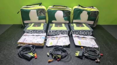 3 x Zoll AED PRO Defibrillators with 3 x Batteries, 3 x 3 Lead ECG Leads, 5 x Electrode Packs *1 x in Date 4 x Out of Date* (All Power Up) in Carry Cases *SN aa06c002291 / aa06h003285 / aa06c002290*