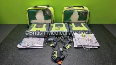 3 x Zoll AED PRO Defibrillators with 3 x Batteries, 3 x 3 Lead ECG Leads, 3 x Electrode Packs *All Out of Date* (All Power Up) 2 x in Carry Cases *SNAA07B005056 / AA10C016692 / AA10C016787*