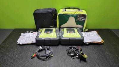 2 x Zoll AED PRO Defibrillators with 2 x Batteries, 2 x 3 Lead ECG Leads, 3 x Electrode Packs *1 x in Date 2 x Out of Date* (All Power Up) in Carry Cases *SN AA06D002421 / AA06I003756*