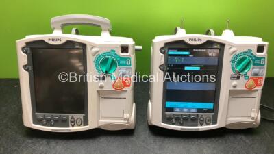 2 x Philips Heartstart MRx Defibrillators Including Pacer, ECG and Printer Options (Both Power Up with Stock Batteries, Batteries Not Included, 1 x Missing Handle, See-Photo)