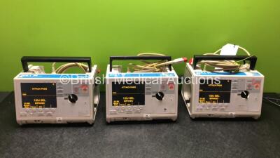 3 x Zoll M Series Biphasic 200 Joules Max Defibrillators with ECG and Printer Options and 3 x Paddle Leads (All Power Up)