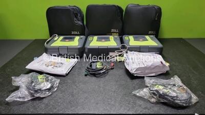 3 x Zoll AED PRO Defibrillators with 3 x Batteries, 3 x 3 Lead ECG Leads, 6 x Electrode Packs *5 x in Date 1 x Out of Date* (All Power Up, 1 x Scratches on Screen. See-Phot0) in Carry Cases *SN AA11B019821 / AA13B027598 / AA13C027838*