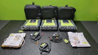 3 x Zoll AED PRO Defibrillators with 3 x Batteries, 3 x 3 Lead ECG Leads, 5 x Electrode Packs *All Out of Date* (All Power Up, Scratches on Screen, See-Photo) in Carry Cases *SNaa09b01386 / A10C016696 /